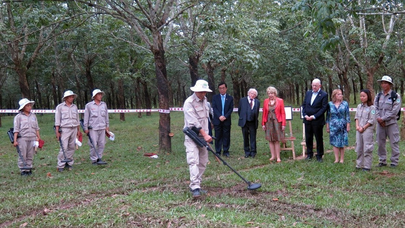 El presidente de la República de Irlanda, Michael Daniel Higgins, y su esposa visitan el sitio de estudio de bombas de racimo del proyecto "Restauración ambiental y superación de las consecuencias de la guerra" - RENEW/NPA en la comuna de Hai Thai, distrito de Gio Linh, provincia de Quang Tri (2016). El presidente de la República de Irlanda, Michael Daniel Higgins, y su esposa visitan el sitio de estudio de bombas de racimo del proyecto "Restauración ambiental y superación de las consecuencias de la guerra" - RENEW/NPA en la comuna de Hai Thai, distrito de Gio Linh, provincia de Quang Tri (2016).