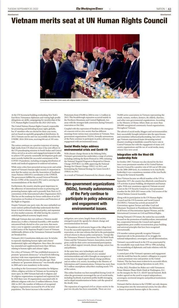 Periódico estadounidense apoya a Vietnam unirse al Consejo de Derechos Humanos de ONU. (Foto: VNA) Periódico estadounidense apoya a Vietnam unirse al Consejo de Derechos Humanos de ONU. (Foto: VNA)