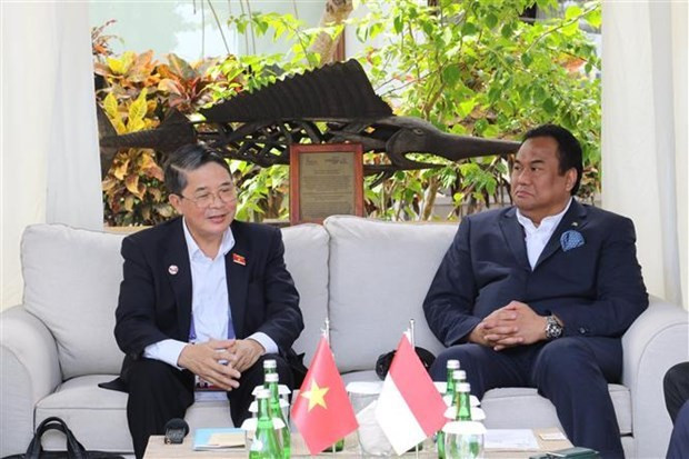 El vicepresidente de la Asamblea Nacional de Vietnam Nguyen Duc Hai se reúne con su par indonesio, Rachmad Gobel, al margen de la reunión de líderes de Asean-AIPA en Labuan Bajo (Indonesia), en mayo de 2023.