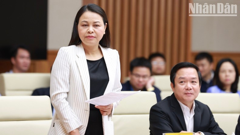 La secretaria del Comité del PCV en la provincia de Ninh Binh, Nguyen Thi Thu Ha, habla en la reunión.