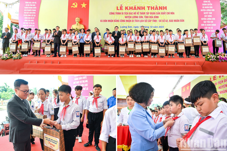 Thi Mai y otros delegados entregan la Insignia del Tío Ho a 65 estudiantes destacados del distrito de Luong Son.