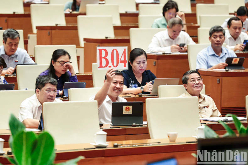 Phan Thai Binh, de la provincia de Quang Nam, levanta el cartel para participar en el debate.