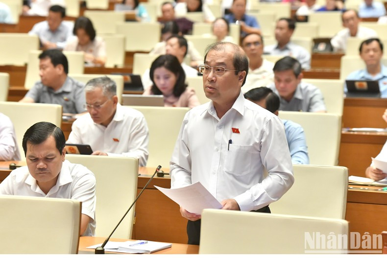 El diputado Trinh Lam Sinh, de la provincia de An Giang, habla en la cita.