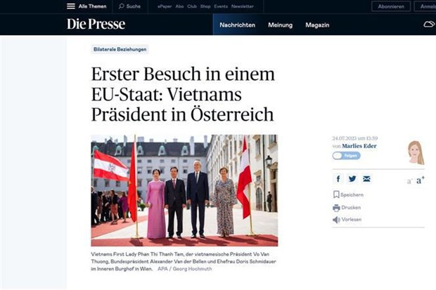 El periódico electrónico diepresse.com informa sobre la visita oficial del presidente de Vietnam, Vo Van Thuong, a Austria.