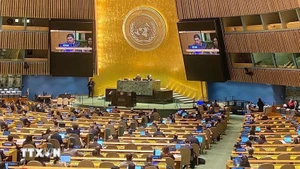 Un representante de la delegación vietnamita interviene en el acto de ratificación de la Convención de Hanói, celebrado en la tarde del 24 de diciembre de 2024 ante las Naciones Unidas. (Foto: VNA)