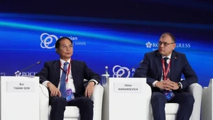 El viceprimer ministro vietnamita Bui Thanh Son (izquierda) participa en la cita. (Foto: VNA)