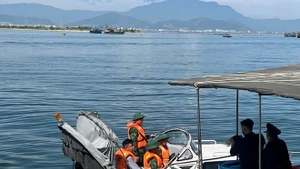 Las fuerzas de la Guardia Fronteriza de Dong Thap verifican la documentación de zarpe de una embarcación pesquera. (Foto: VNA)