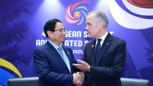 El primer ministro de Vietnam, Pham Minh Chinh, y su homólogo canadiense, Mark Carney. (Foto: VNA)