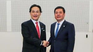 El ministro de Industria y Comercio de Vietnam, Nguyen Hong Dien (derecha), y el ministro de Estado de Economía, Comercio e Industria y ministro de Estado de la Oficina del Gabinete de Japón, Kazuchika Iwata. (Foto: VNA)