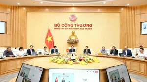 El ministro de Industria y Comercio de Vietnam, Nguyen Hong Dien, sostiene una reunión virtual con el secretario de Comercio de Estados Unidos, Howard Lutnick. (Fotografía: VGP)