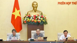 El presidente de la Asamblea Nacional de Vietnam, Tran Thanh Man (centro), interviene en la reunión. (Foto: VNA)