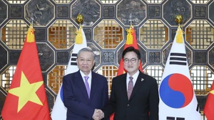 El secretario general del Partido Comunista de Vietnam, To Lam (izquierda), y el presidente de la Asamblea Nacional de Corea del Sur, Woo Won-sik. (Foto: VNA)
