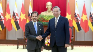 El secretario general del Partido Comunista de Vietnam, To Lam (derecha), recibe al sultán de Brunéi, Haji Hassanal Bolkiah.