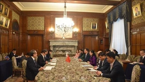 Panorama de la reunión entre Nguyen Thanh Hai, jefa de la Comisión de Asuntos de Diputados de la Asamblea Nacional de Vietnam, y el miembro de la Cámara de Representantes de Japón, Hamada Yasukazu. (Foto: VNA)