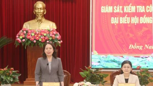 La vicepresidenta de Vietnam, Vo Thi Anh Xuan, sostiene hoy una sesión de trabajo con el Comité Electoral de la provincia de Dong Nai. (Foto: VNA)
