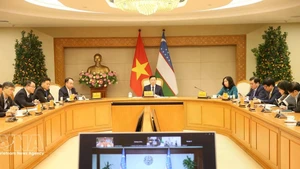 El viceprimer ministro vietnamita Tran Hong Ha durante una reunión en línea con su homólogo uzbeko, Jamshid Khodjaev. (Foto: VNA)