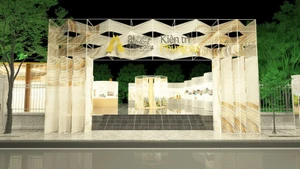 Perspectiva de la puerta de bienvenida de la Exposición “Acción por la Comunidad 2025”. 