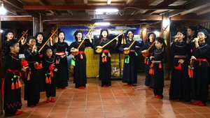 Presentación de cantos Then con laúd Tinh para visitantes en la casa de familia Tai Ngao, aldea de Na Tong, comuna de Thuong Lam. (Foto: VNA)