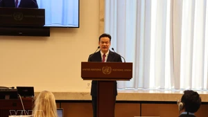 El embajador Mai Phan Dung, jefe represantante de Vietnam ante la Organización de las Naciones Unidas (ONU), la Organización Mundial del Comercio (OMC) y otras organizaciones internacionales en Ginebra, habla en la reunión. (Foto: VNA)