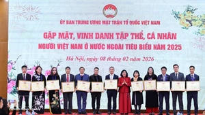 La presidenta del FPV, Bui Thi Minh Hoai, entrega certificados de reconocimiento a los colectivos ejemplares. (Foto: VNA)
