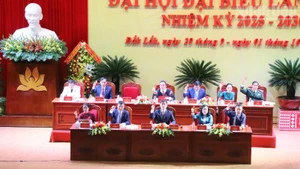 El presidium de la primera Asamblea del Comité del PCV en Dak Lak vota para aprobar la resolución de la cita.