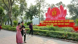 Pancartas y consignas para dar la bienvenida al XIV Congreso Nacional del Partido Comunista de Vietnam en un parque en Hanói (Foto: VNA)