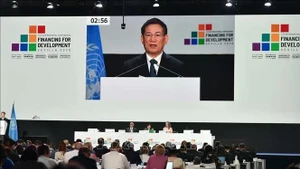 El viceprimer ministro Ho Duc Phoc interviene en la sesión plenaria de la Conferencia FpD4. (Foto: VNA)