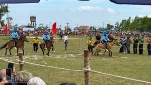 Los jinetes campesinos y los caballos de carga participan en la carrera.