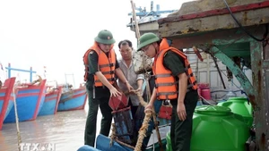 Las autoridades ayudan a los pescadores de la comuna de Hai Thinh (Ninh Binh) a prevenir la tormenta. (Foto: VNA)