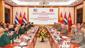 El ministro de Defensa Nacional, Phan Van Giang, conversa con el ministro de las Fuerzas Armadas Revolucionarias de Cuba, Álvaro López Miera. (Foto: VNA)