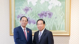 El vicepresidente de la Asamblea Nacional de Vietnam Tran Quang Phuong (izquierda) se reúne con el titular de la Cámara de Representantes de Japón, Nukaga Fukushiro. (Foto: VNA)