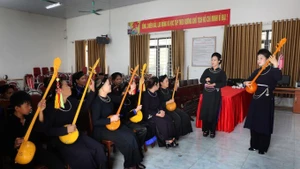 Enseñanza del canto Then a los miembros del club del canto Then y el instrumento musical Tinh en la comuna de Luc Ngan, de la provincia de Bac Ninh. (Foto: VNA)