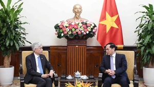 El viceprimer ministro y canciller de Vietnam, Bui Thanh Son, recibe a Albert Chua, secretario permanente del Ministerio de Relaciones Exteriores de Singapur (Foto. VNA)