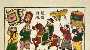 En las pinturas populares de Dong Ho, caballos bellamente decorados llevan a los eruditos exitosos a sus hogares.