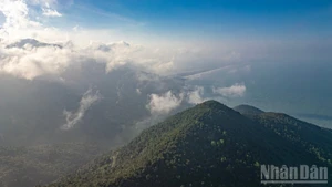 La cima de Hai Van en un día cubierto de nubes blancas.