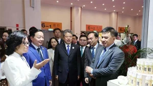 El viceprimer ministro Tran Hong Ha (segundo de izquierda) visita el stand vietnamita en la feria (Fuente: VNA)