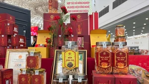 Productos farmacéuticos OCOP de la Cooperativa de Agricultura y Hierbas Medicinales de Alta Tecnología Sukova en la feria. (Foto: VNA)