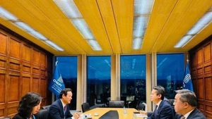 El embajador Mai Phan Dung, representante permanente de Vietnam ante las Naciones Unidas y otras organizaciones internacionales en Ginebra, en reunión con la Organización Mundial de la Propiedad Intelectual. (Foto: VNA)