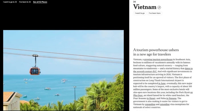 La imagen del teleférico de Hon Thom aparece en un artículo que presenta a Vietnam en el diario The New York Times. (Foto: Captura de pantalla).