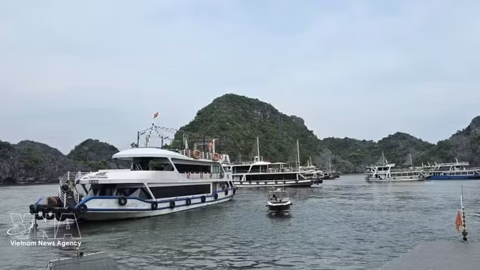Barcos en el muelle turístico de Cai Beo esperan recoger a turistas que visitan la bahía de Lan Ha. (Foto: VNA)