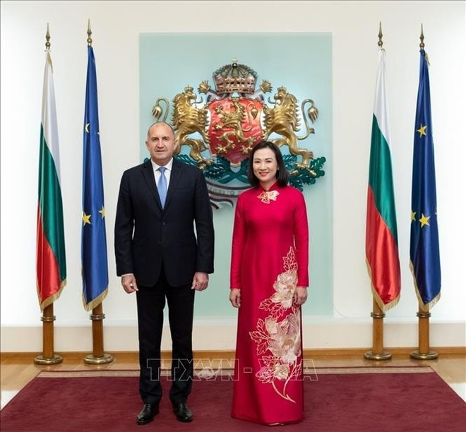 El presidente búlgaro, Rumen Radev, y la embajadora vietnamita, Nguyen Thi Minh Nguyet. (Foto: VNA) El presidente búlgaro, Rumen Radev, y la embajadora vietnamita, Nguyen Thi Minh Nguyet. (Foto: VNA)