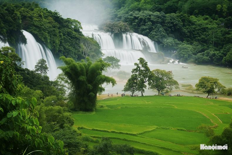 Desde la distancia, la cascada de Ban Gioc se asemeja a una franja de seda blanca que atraviesa la inmensidad del bosque, destacando entre el verde intenso de las montañas y selvas de Trùng Khánh. Desde la distancia, la cascada de Ban Gioc se asemeja a una franja de seda blanca que atraviesa la inmensidad del bosque, destacando entre el verde intenso de las montañas y selvas de Trùng Khánh.