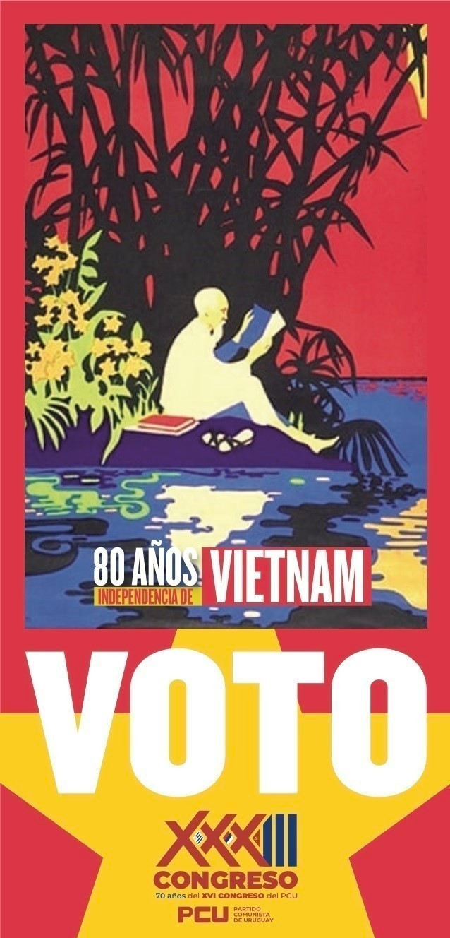 Imagen del Presidente Ho Chi Minh en una papeleta electoral del 33.º Congreso del Partido Comunista del Uruguay, con la inscripción "80 años del Día Nacional de Vietnam. 33.º Congreso del Partido Comunista del Uruguay (PCU)". Foto: VNA