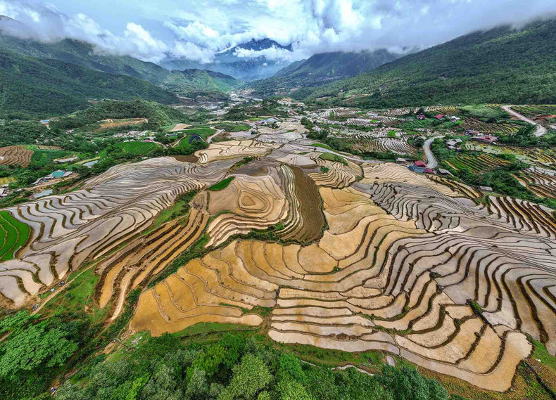 Bajo el soleado amanecer, los campos inundados que reflejan la imagen de los agricultores trabajando causan una profunda impresión en los turistas. Bajo el soleado amanecer, los campos inundados que reflejan la imagen de los agricultores trabajando causan una profunda impresión en los turistas.