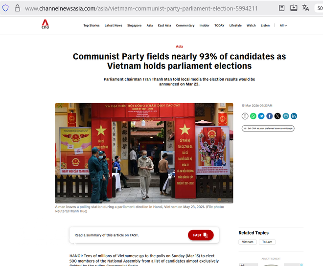 El sitio web channelnewsasia (CAN) informa sobre el evento. (Fuente: VNA)