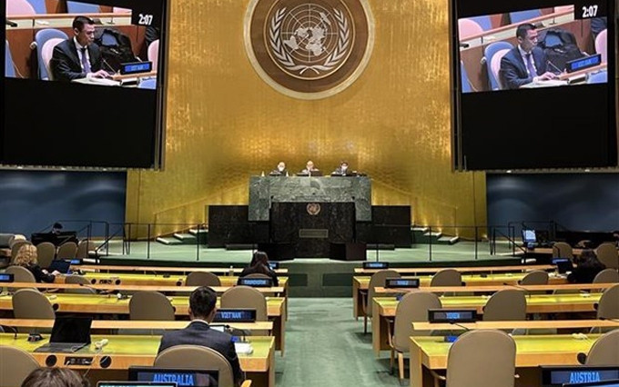 El embajador Dang Hoang Giang, jefe de la misión de Vietnam ante la ONU, interviene en una sesión de debate de la Asamblea General de la mayor institución mundial sobre la protección del planeta. (Fotografía: VNA)