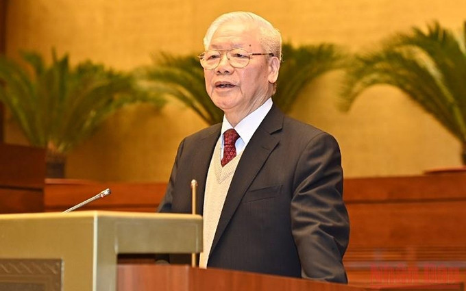 El secretario general del Partido Comunista de Vietnam, Nguyen Phu Trong, interviene en el evento. (Fotografía: Nhan Dan)