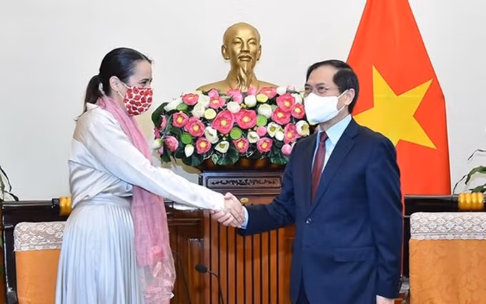 La nueva embajadora neozelandesa en Hanói, Tridene Dobson, y el ministro vietnamita de Relaciones Exteriores, Bui Thanh Son. (Fotografía: dangcongsan.vn)