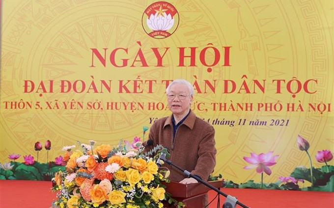 El secretario general del Partido Comunista de Vietnam, Nguyen Phu Trong, habla en el evento. (Fotografía: VNA)