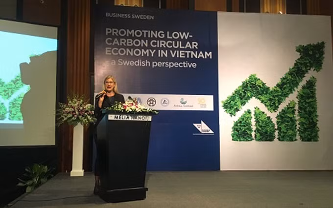 La embajadora de Suecia en Vietnam, Ann Mawe, habla en el evento. (Fotografía: thoibaotaichinhvietnam.vn)